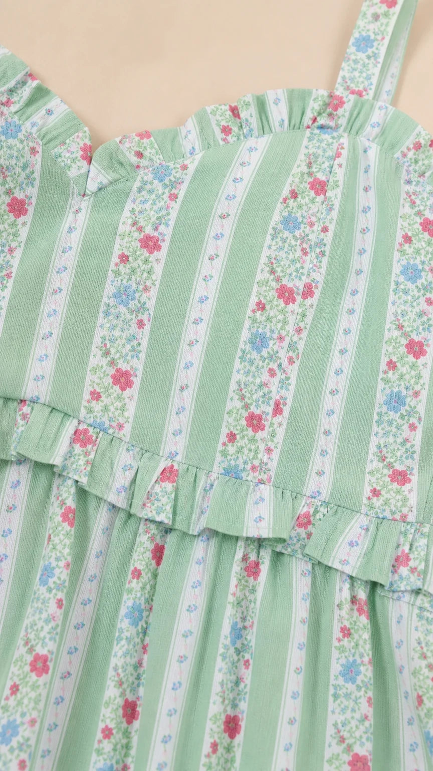 Close-up detail of neckline, ruffles, and pattern on green dress