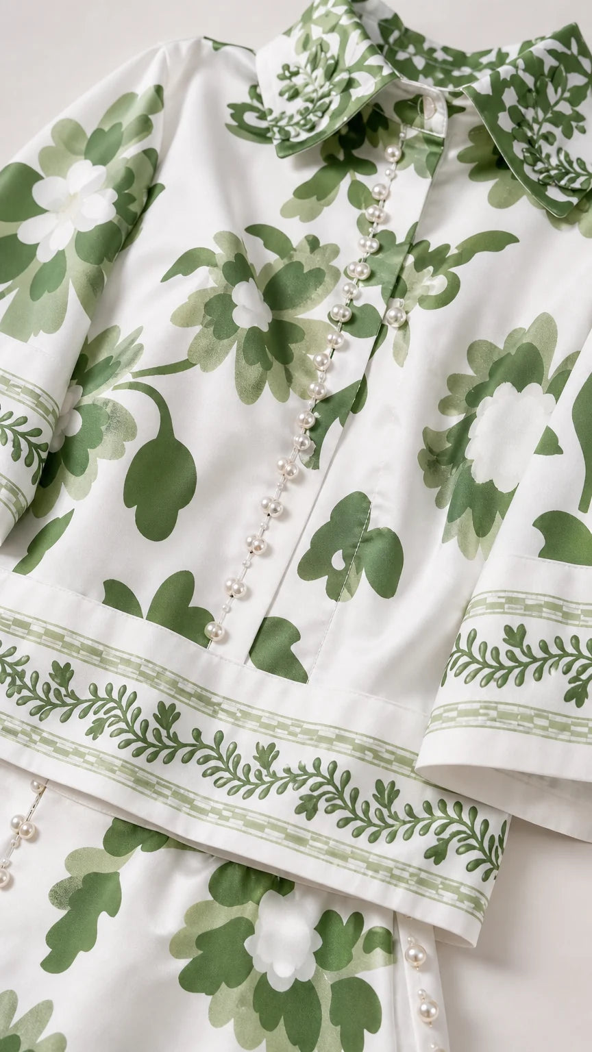 Close up of shirt collar and button details on white floral set