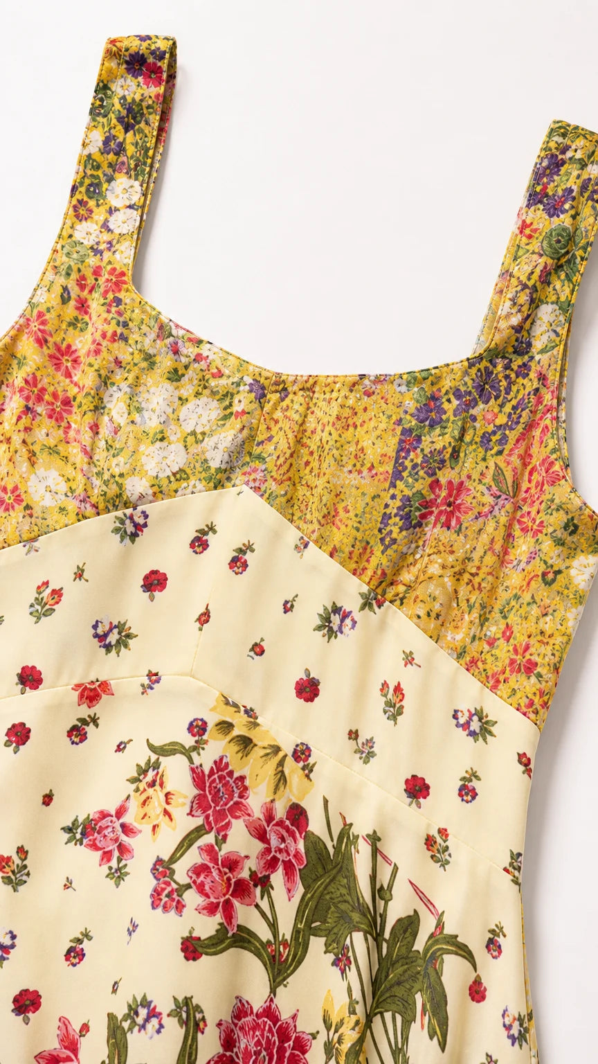 Close-up detail of yellow floral patchwork square neckline