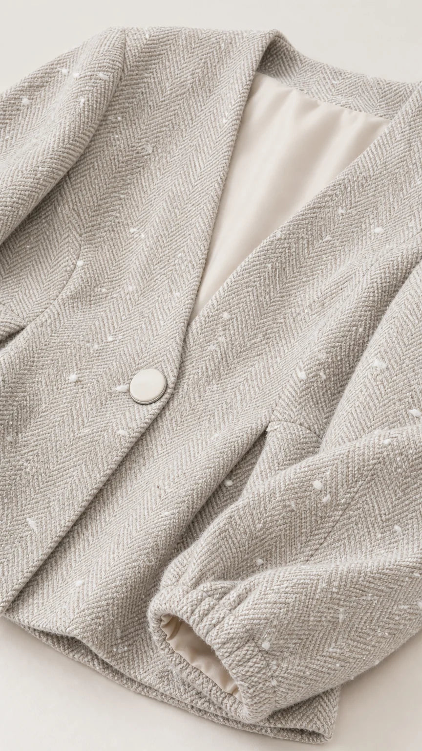Close-up detail of textured fabric and button on beige blazer