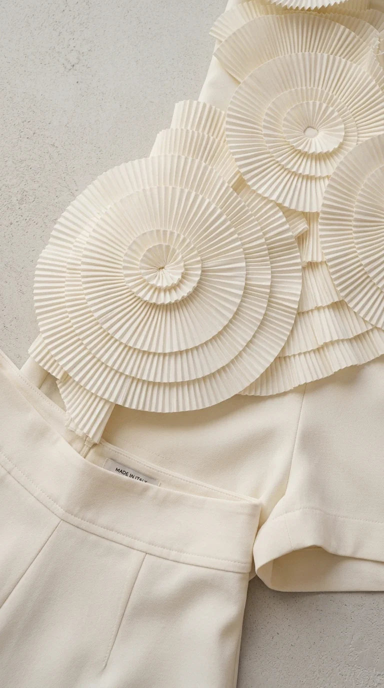 Close-up of fabric and pleated rosette detail on white romper