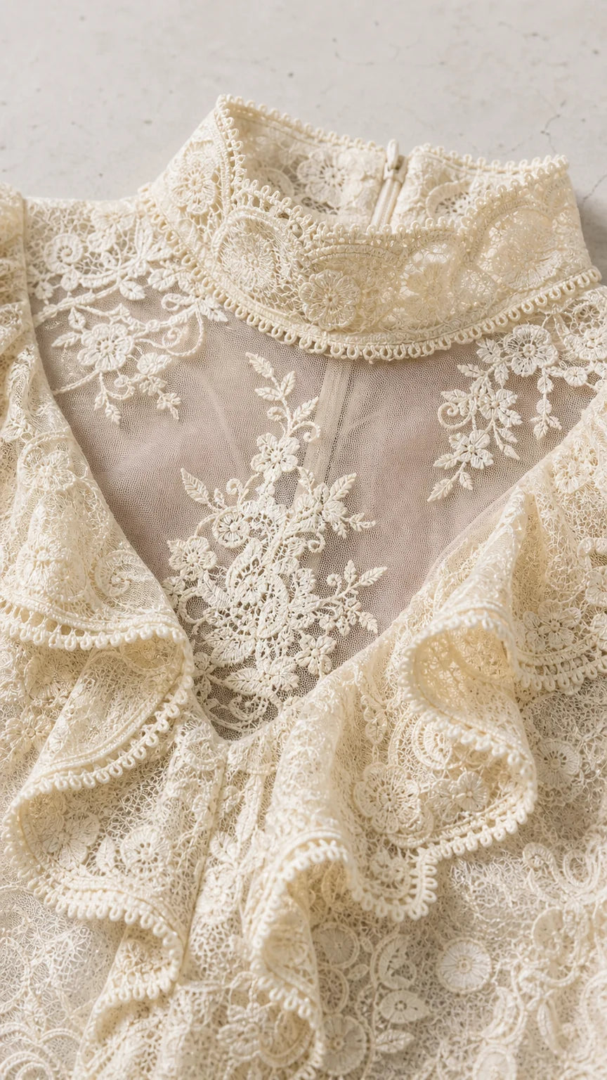 Close-up detail of ivory lace mock neck and ruffles