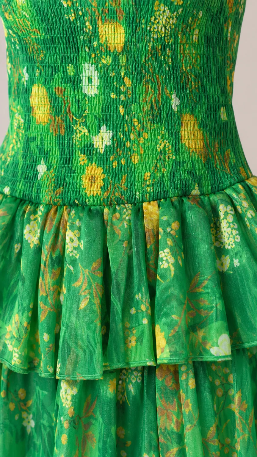 Close-up detail of smocked bodice and tiered ruffles