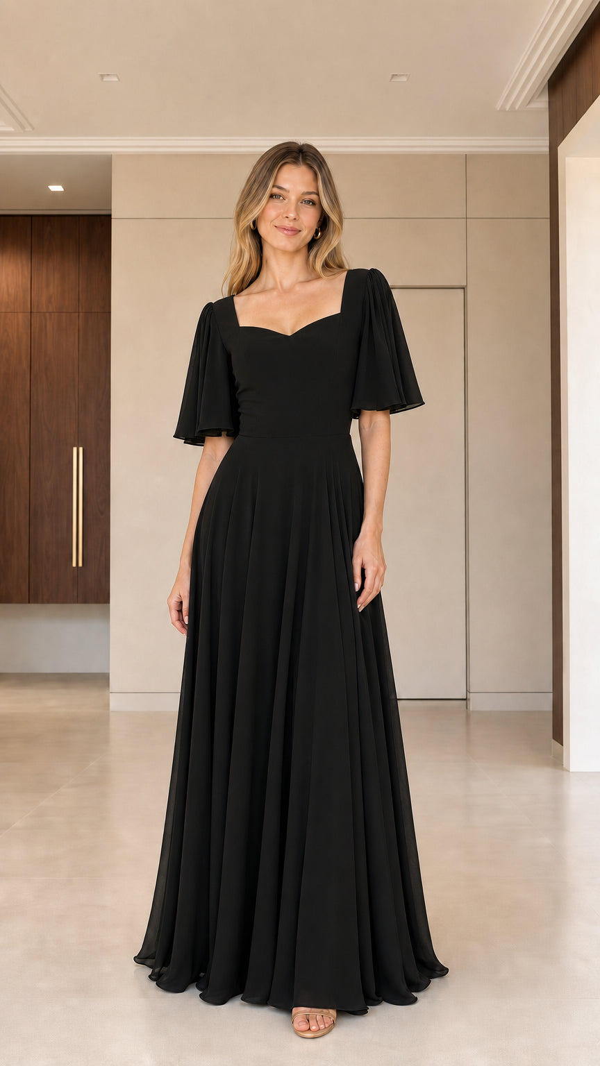 Woman wearing classic black sweetheart flutter sleeve maxi gown