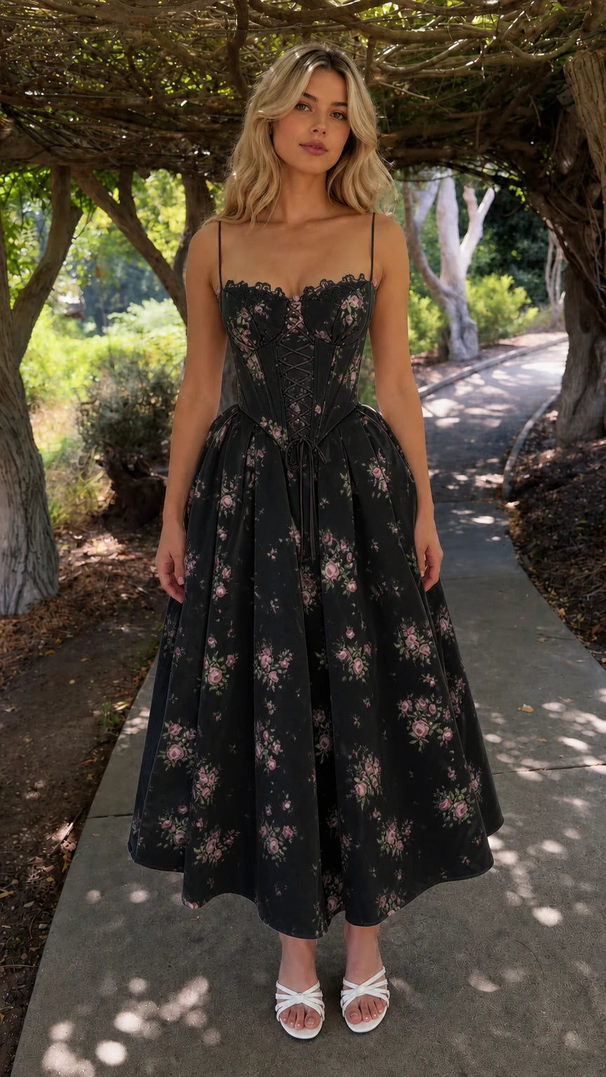 Front view of black floral lace-up corset midi dress