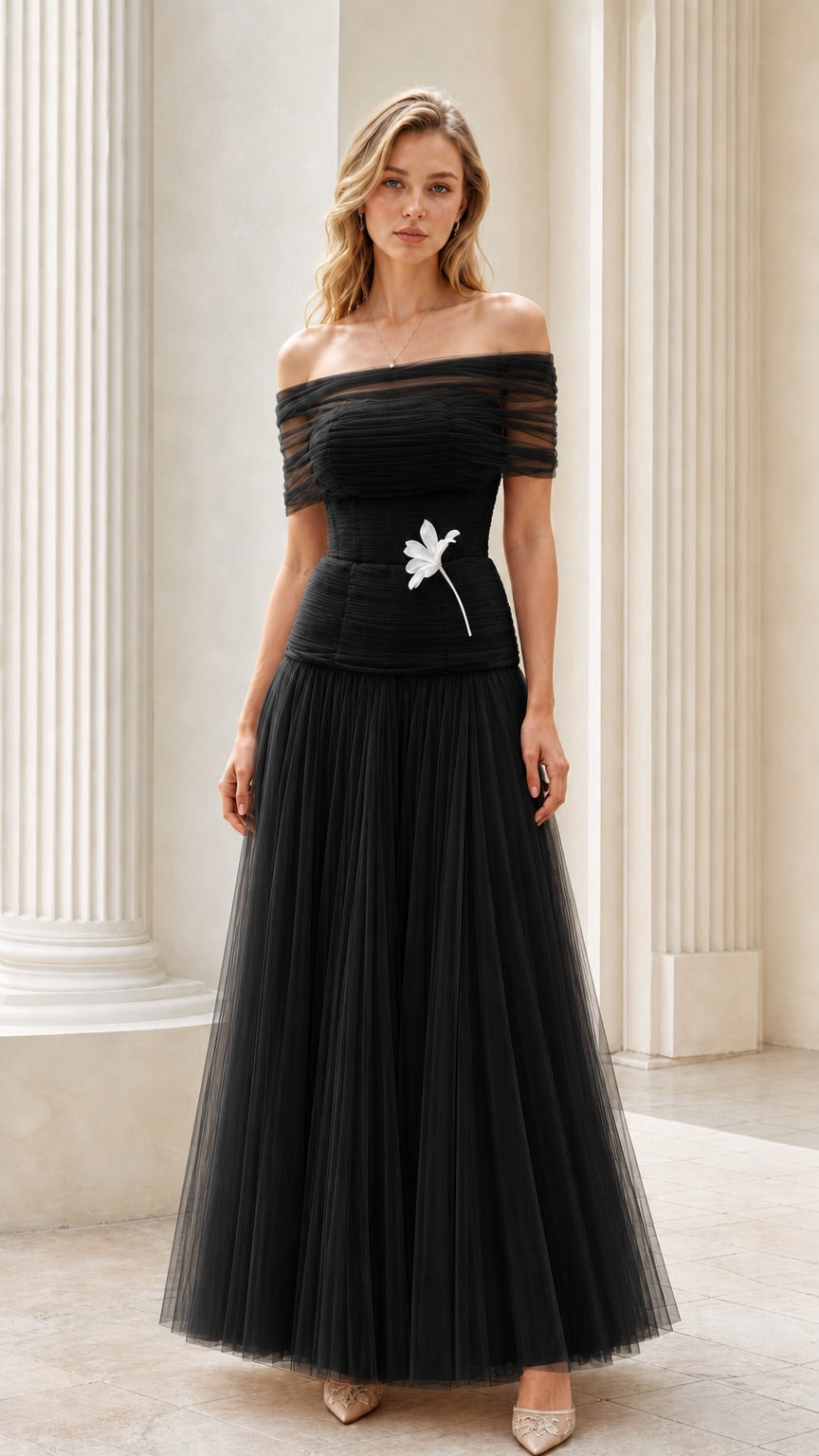 Full-length black off-the-shoulder tulle corset evening dress