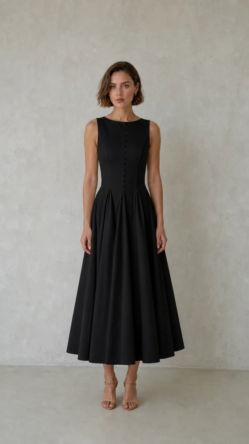 Front view of woman wearing black sleeveless pleated midi dress
