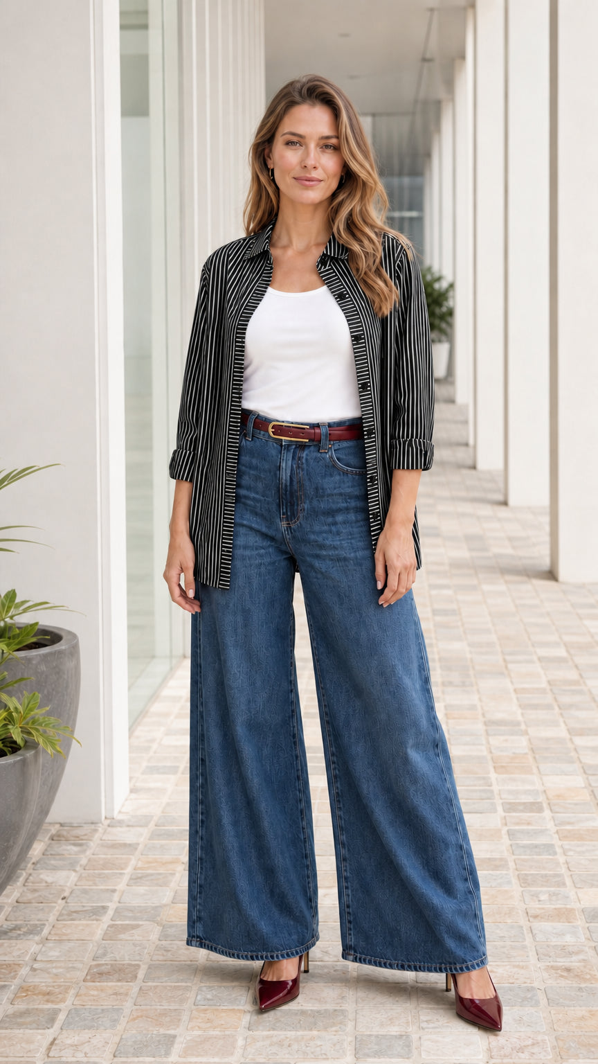 Woman wearing black striped button down shirt