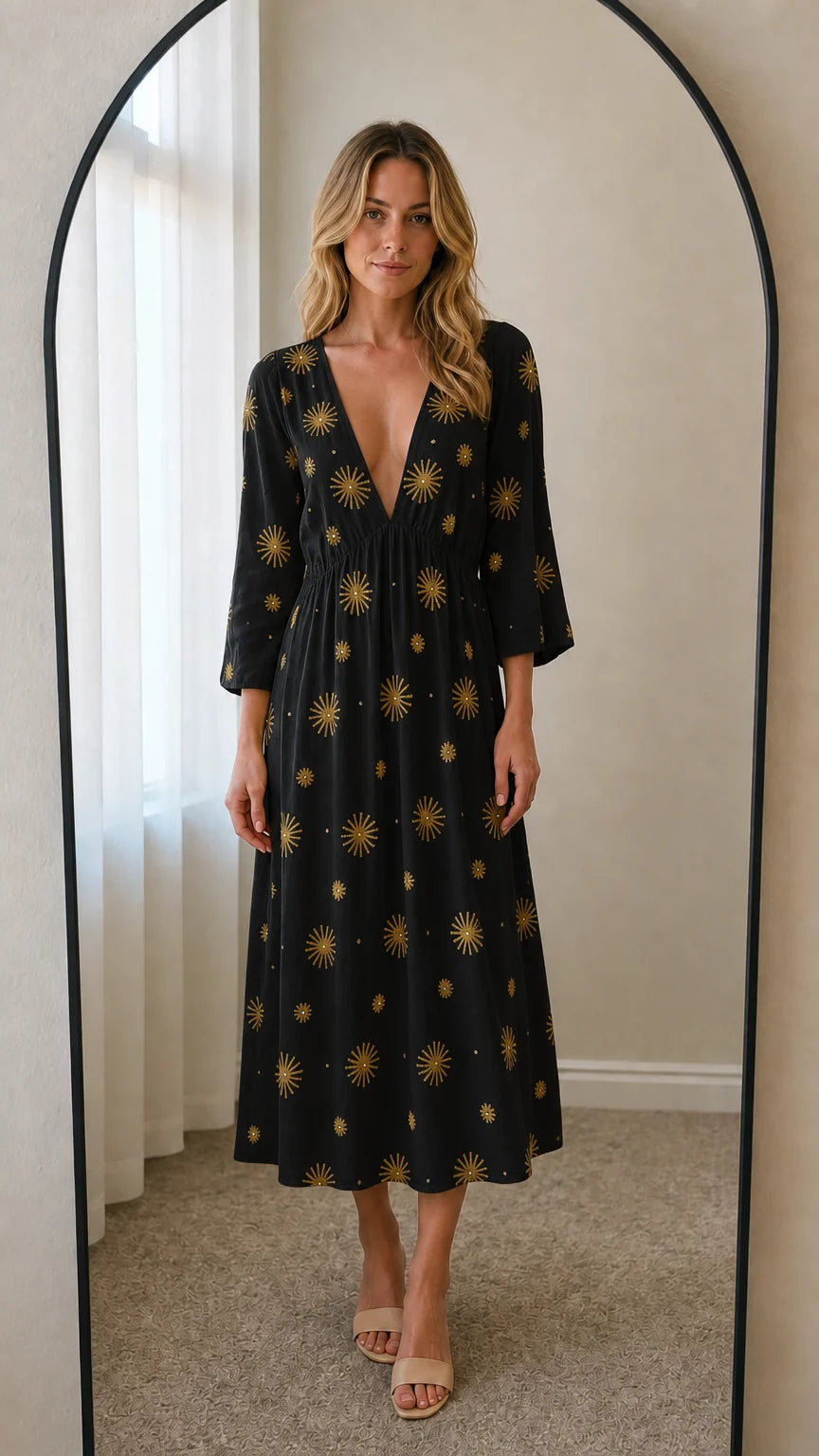 Front view of black embroidered midi dress