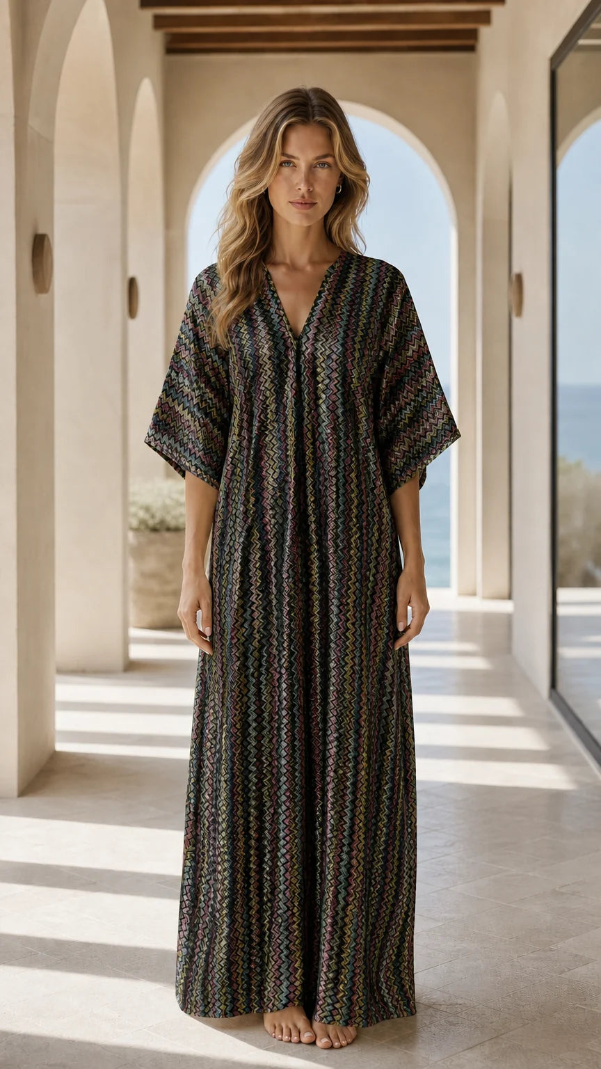 Front view of woman wearing black chevron kaftan dress