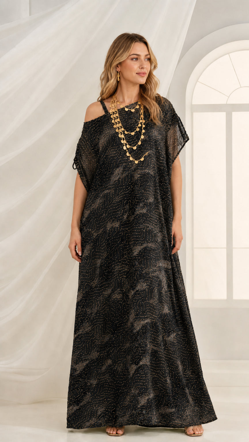 Black abstract print embellished cold-shoulder kaftan maxi dress