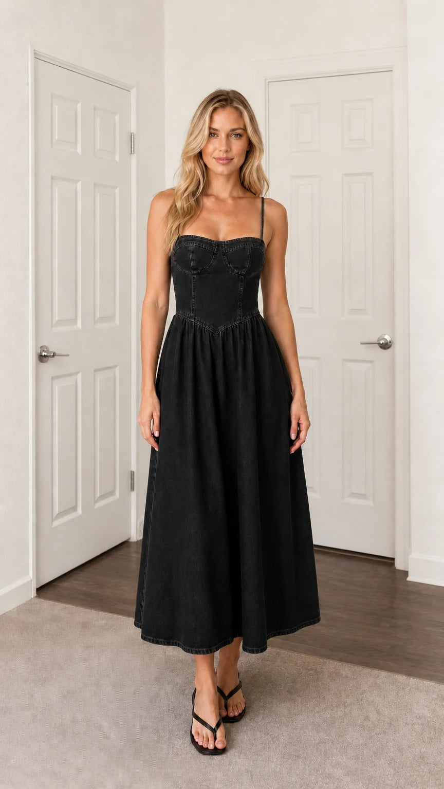 Front view of woman wearing black denim midi dress