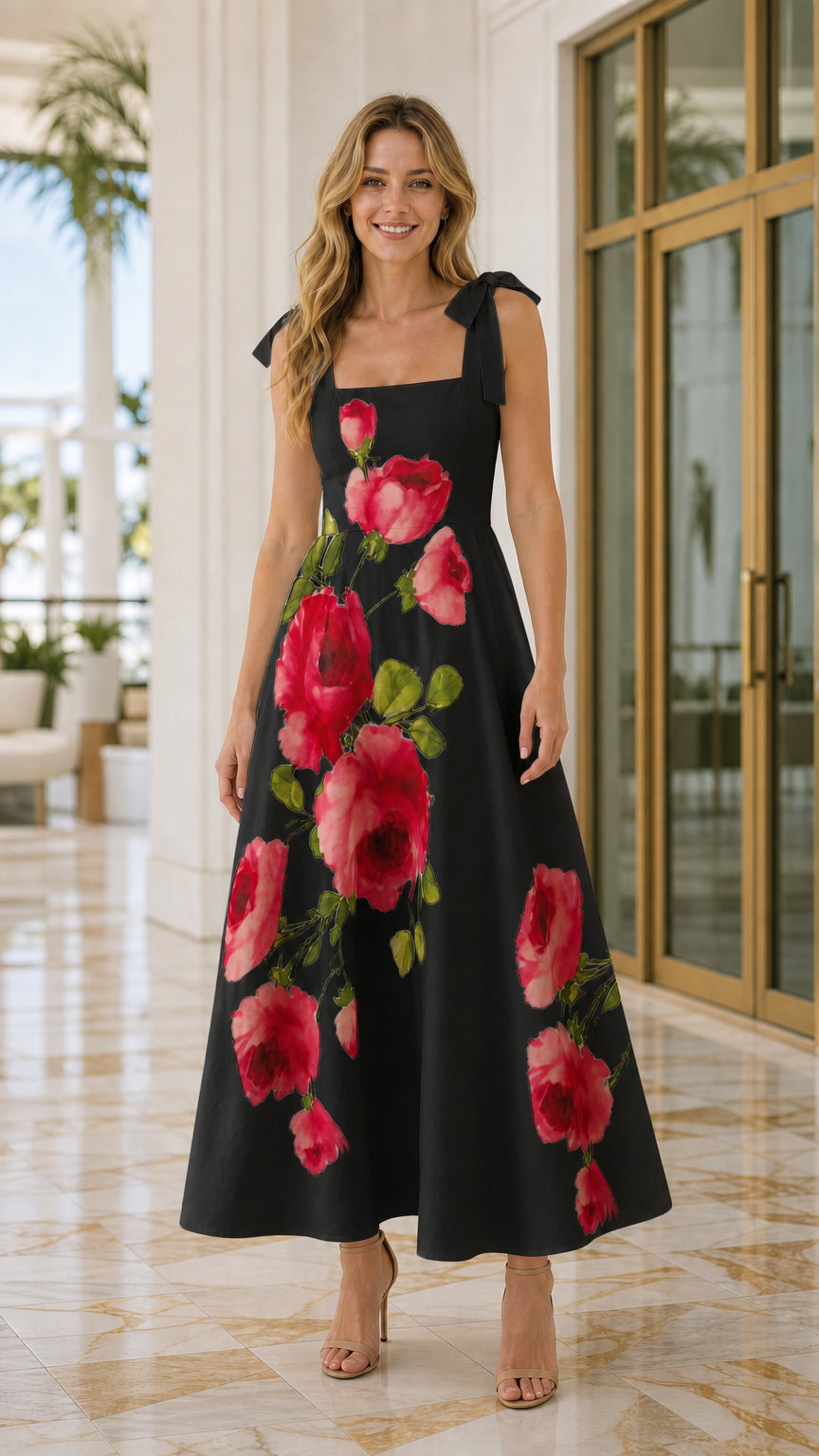 Front view of woman wearing black floral maxi dress