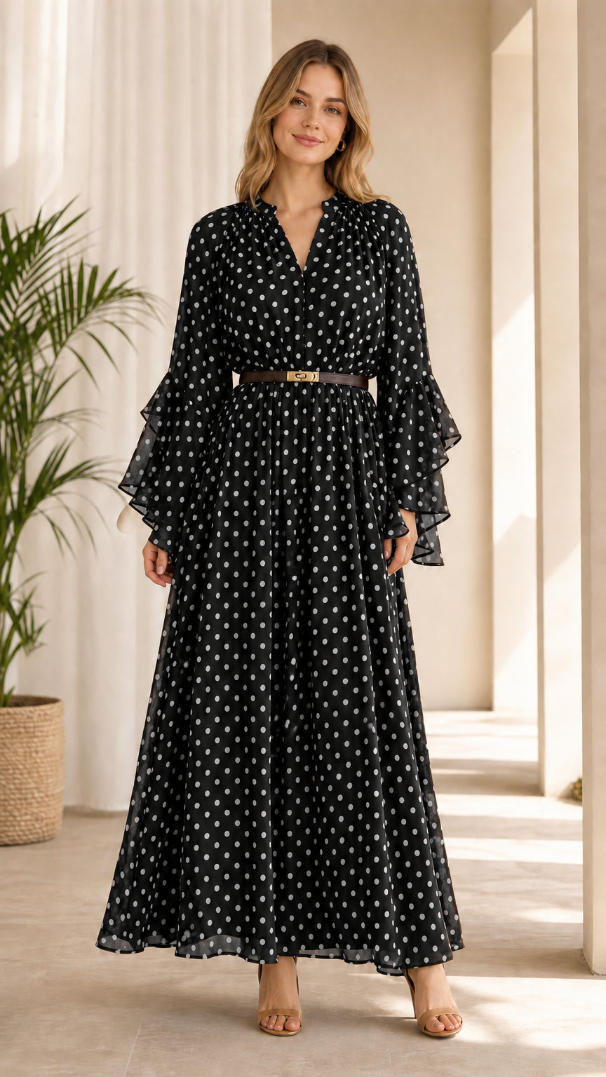 Model wearing black polka dot long sleeve maxi dress with belt