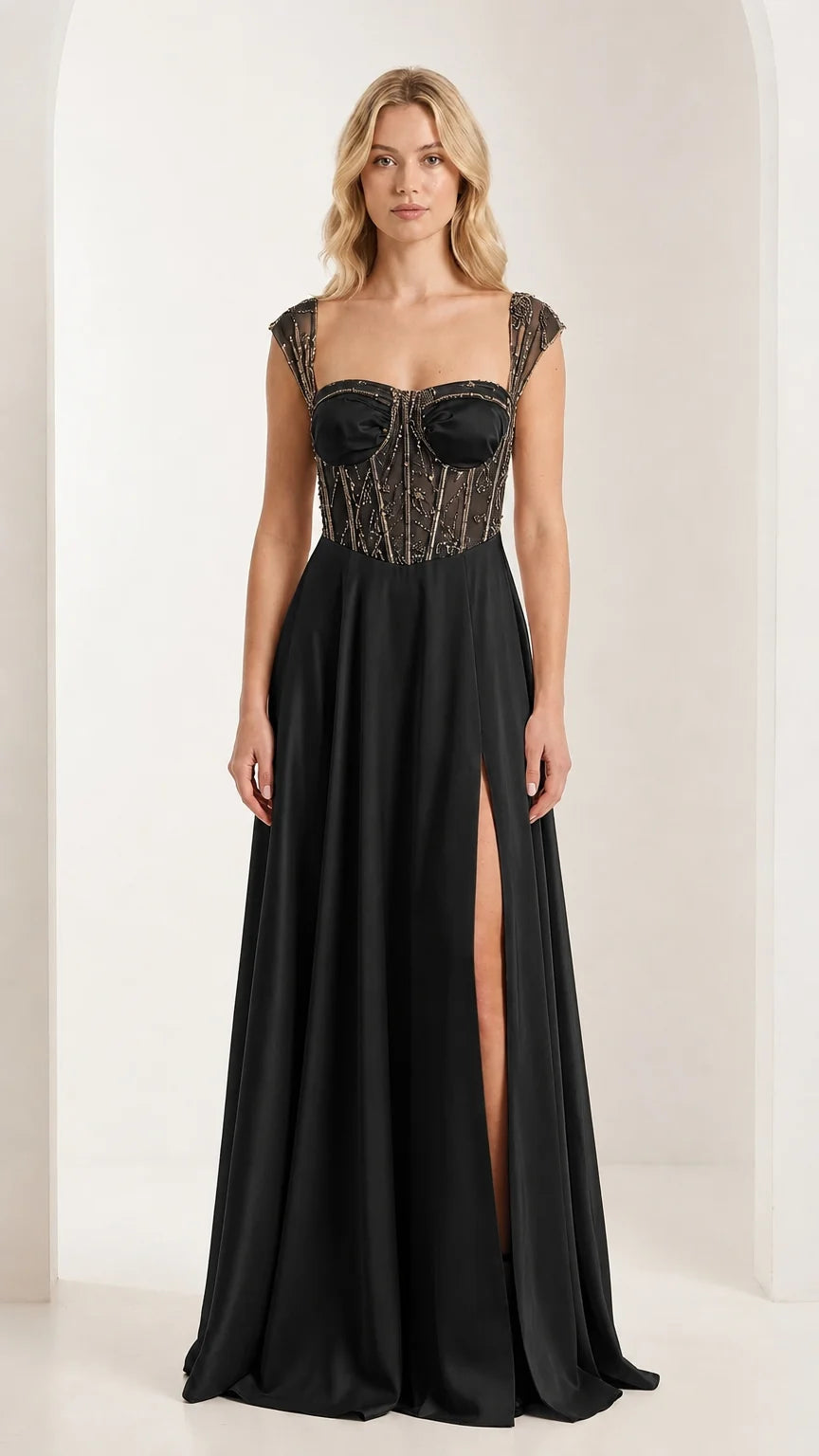 Front view of black corset evening gown