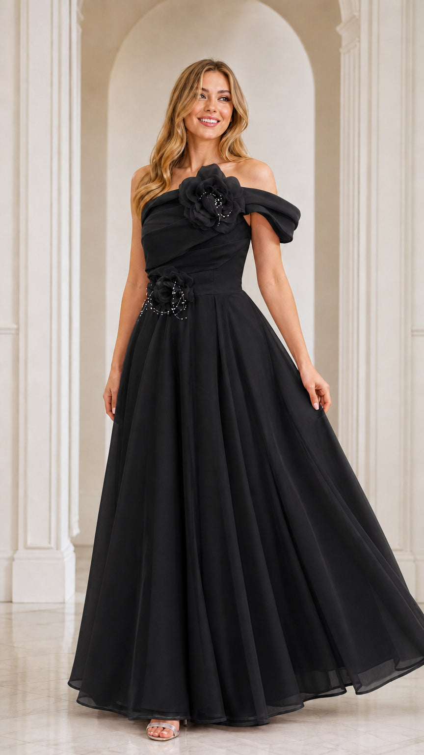 Black off-the-shoulder floral appliqué A-line evening gown
