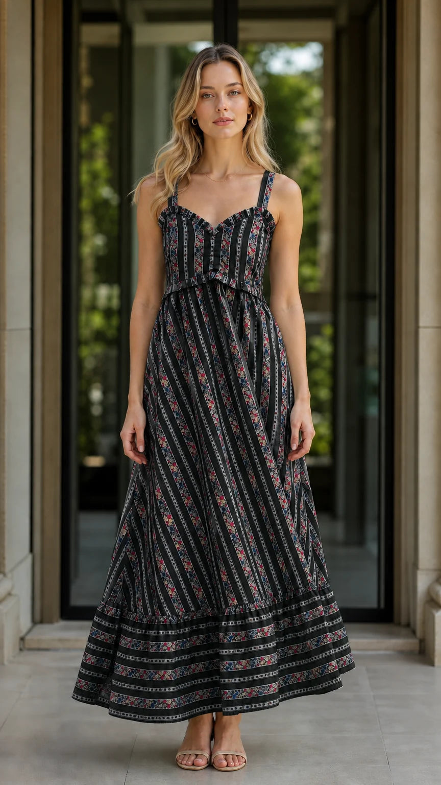 Front view of black floral striped maxi dress variant