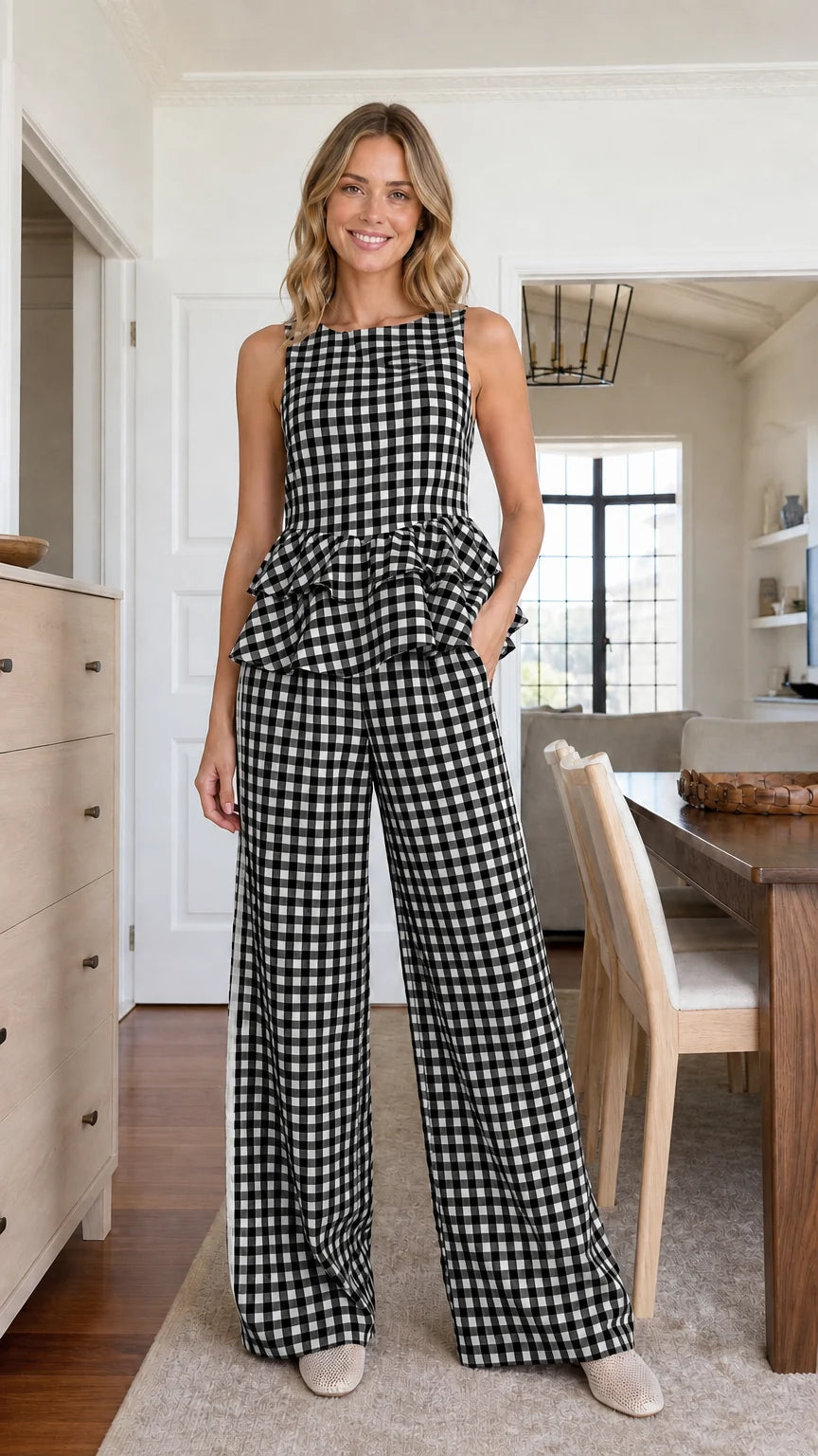 Model wearing black gingham matching set
