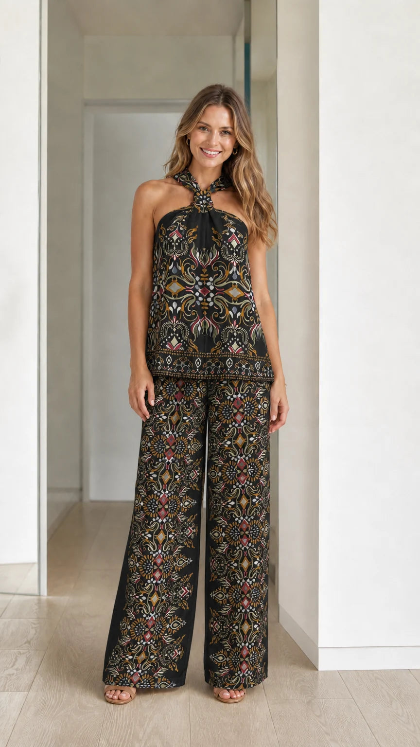 Model wearing black boho printed two-piece set