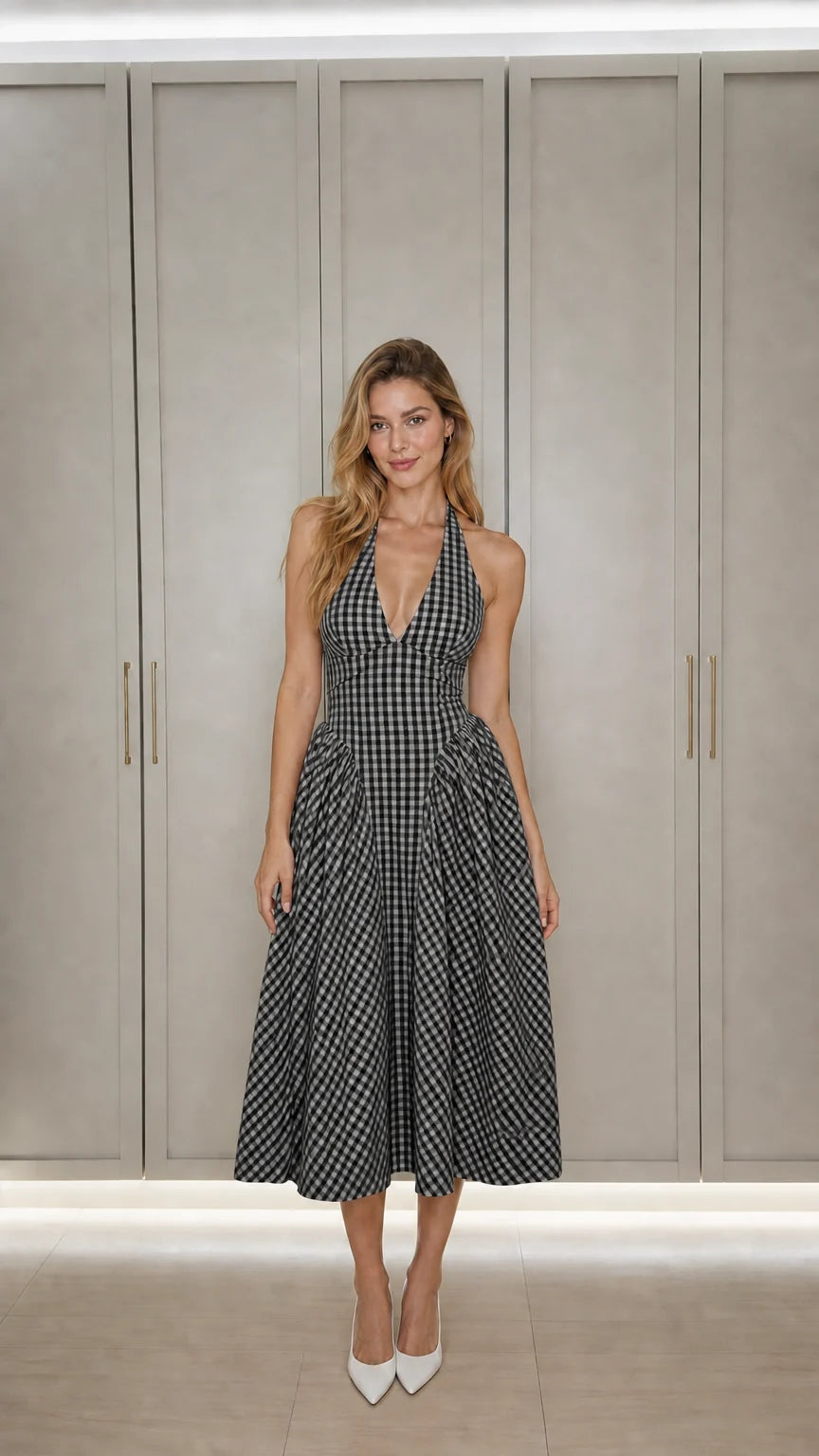 Front view of black gingham midi dress variant