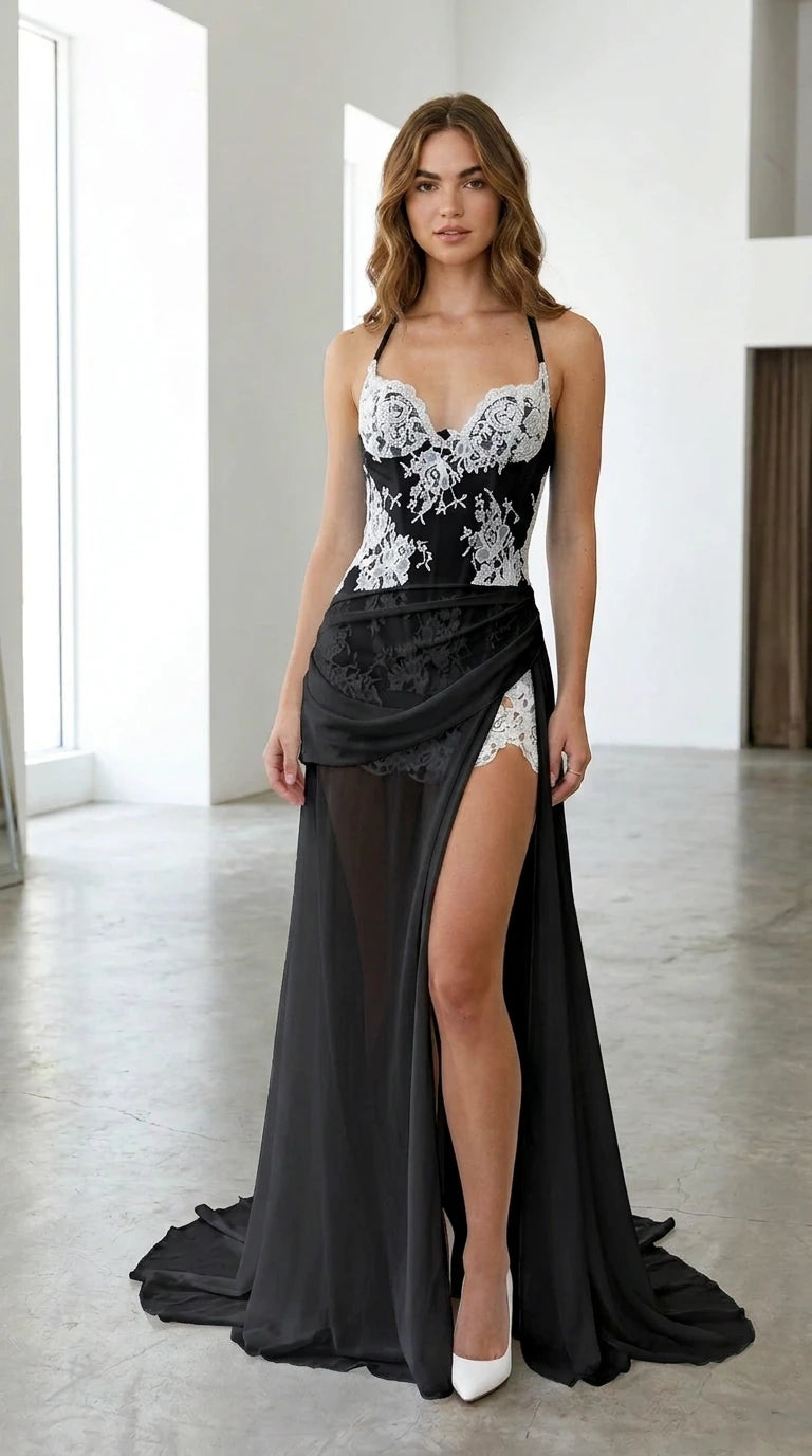 Model wearing black and white contrast lace corset evening dress with high slit
