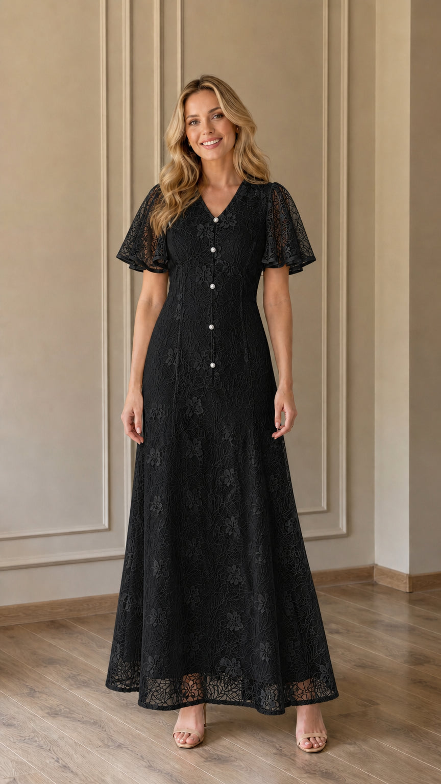 Front view of Black lace maxi dress on model