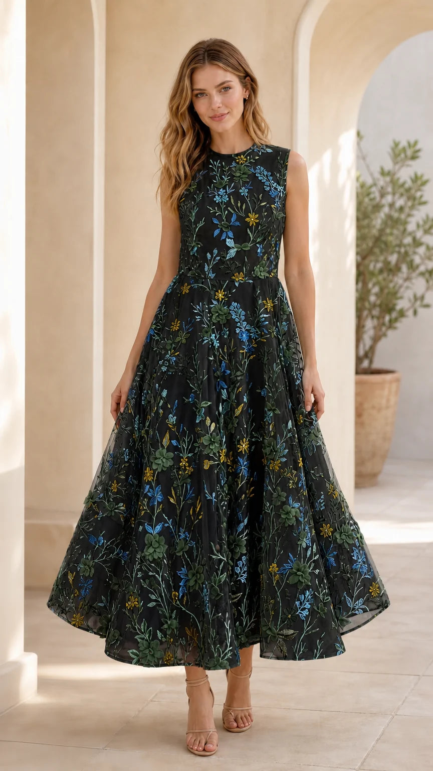 Black floral embroidered midi dress front view