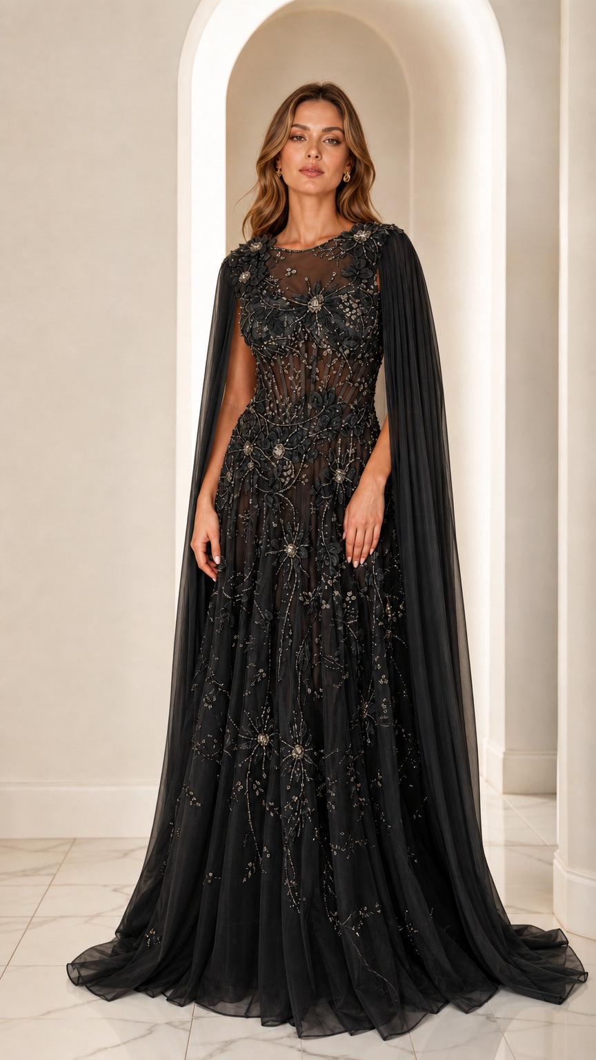 Black embellished cape sleeve formal evening gown