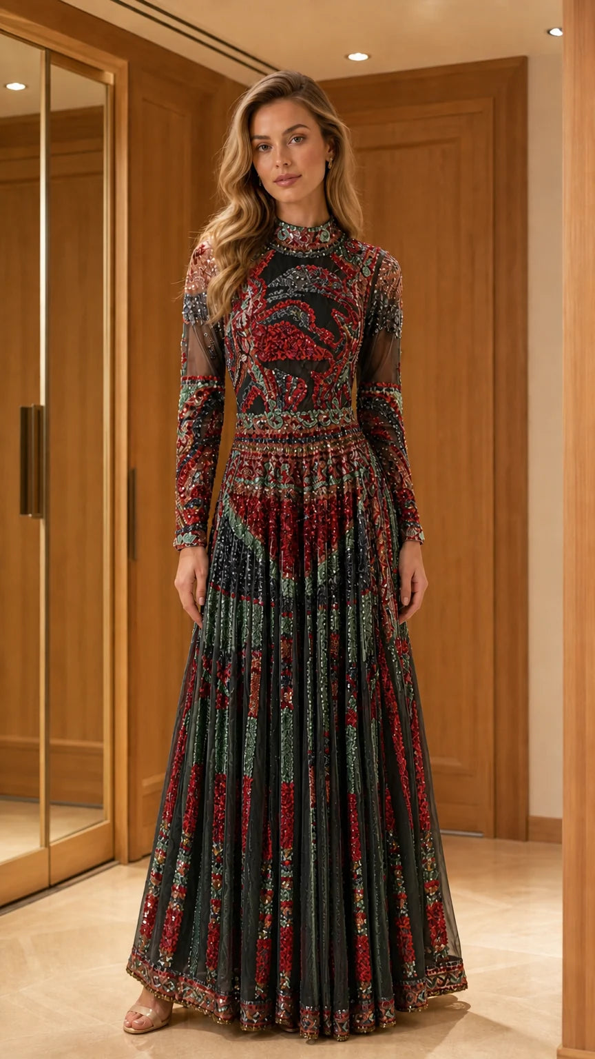 Black embellished long sleeve evening gown