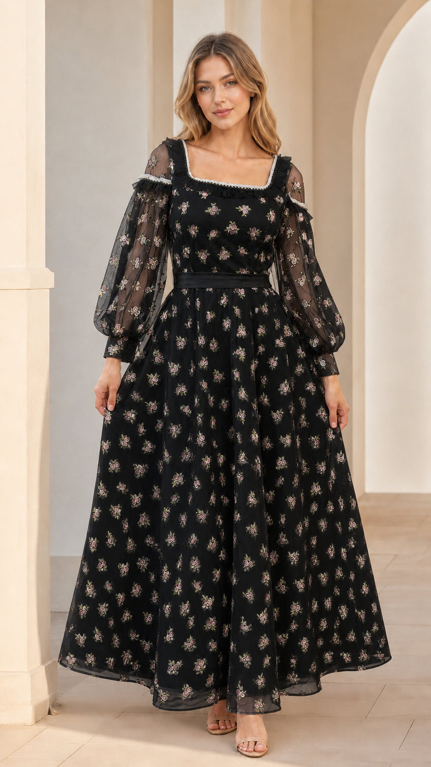 Model wearing black floral embroidered square neck maxi dress