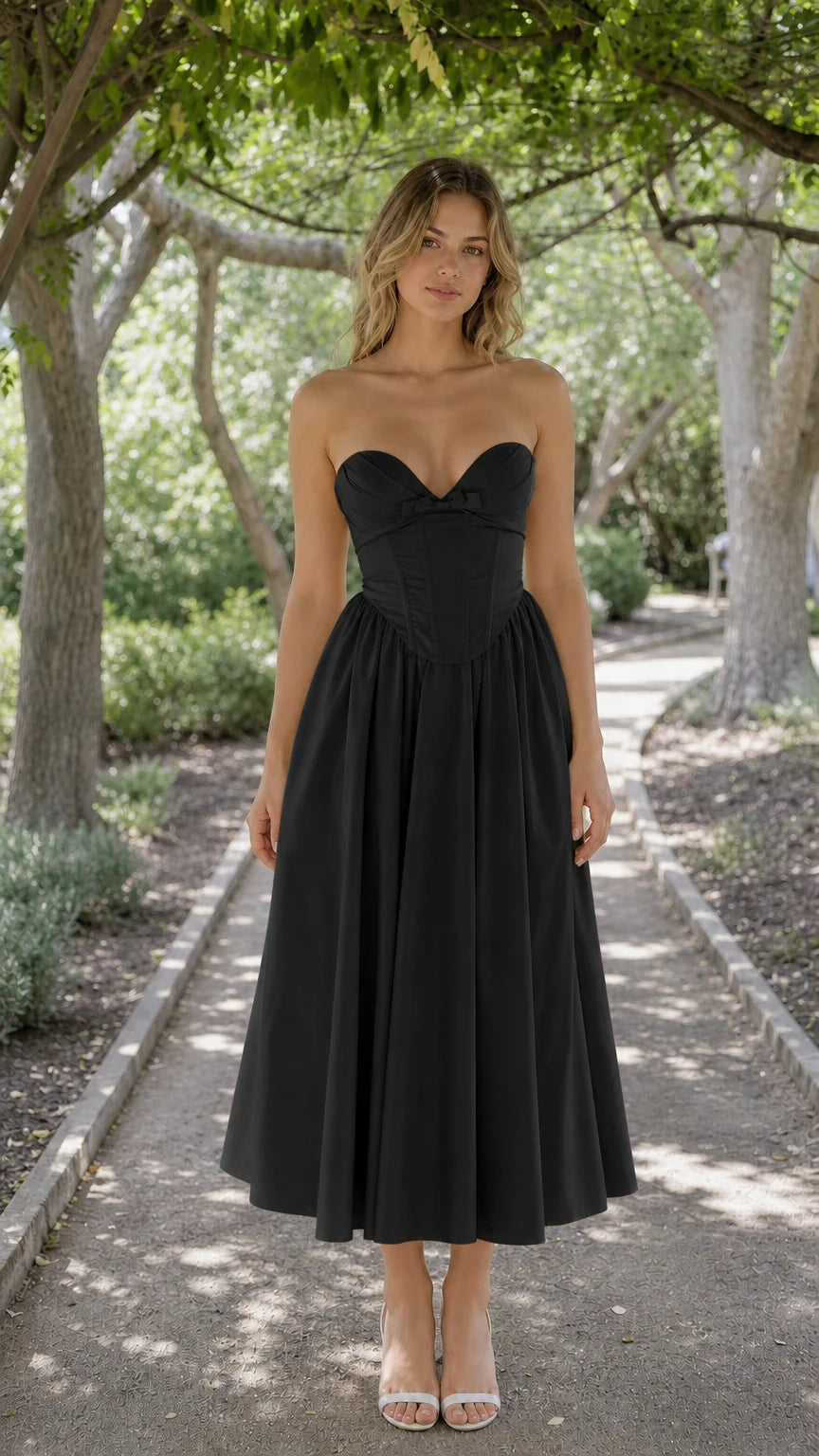 Front view of woman wearing black strapless corset midi dress