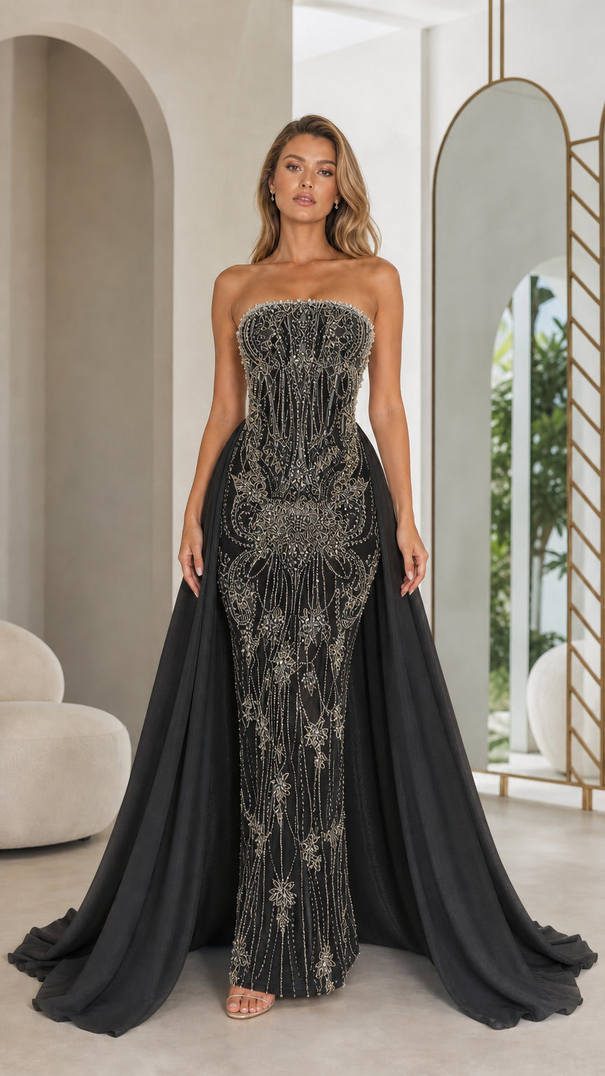 Black variant of strapless beaded mermaid evening gown with overskirt