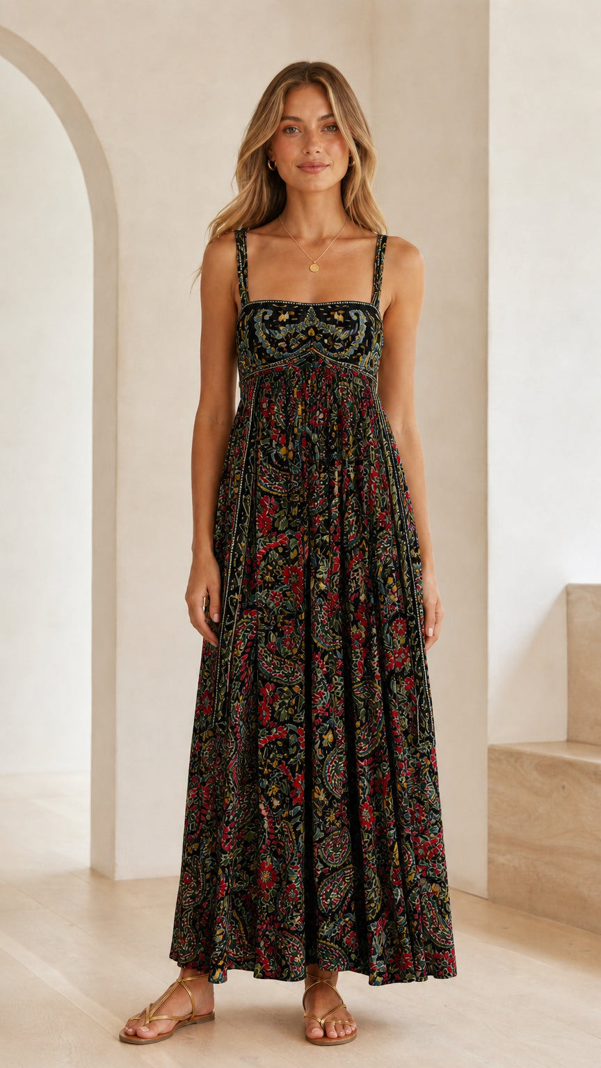 Front view of model wearing black floral print square neck maxi dress