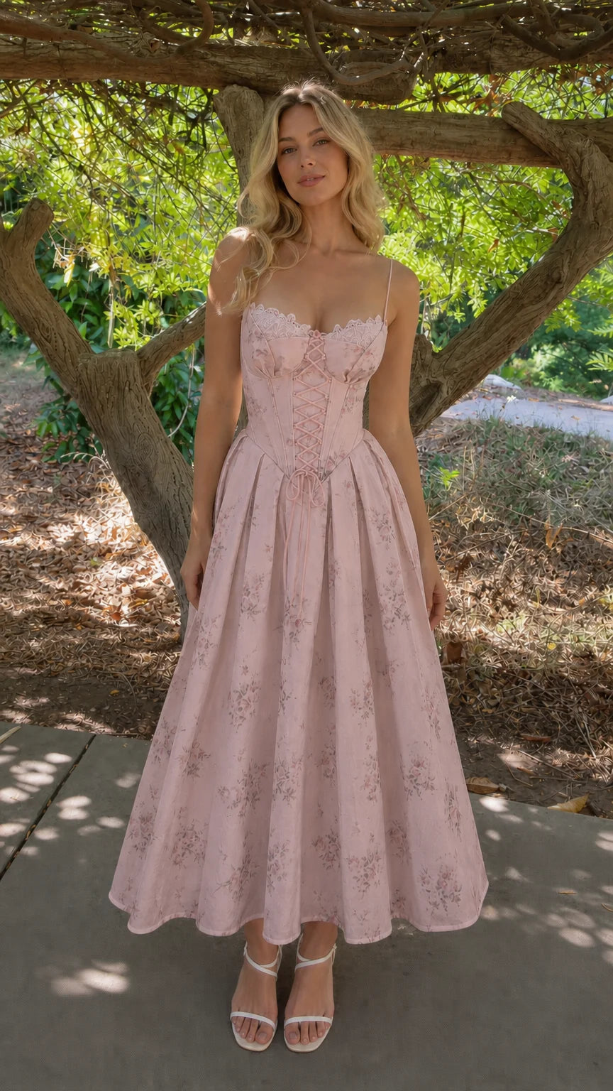 Woman wearing pink floral corset midi dress