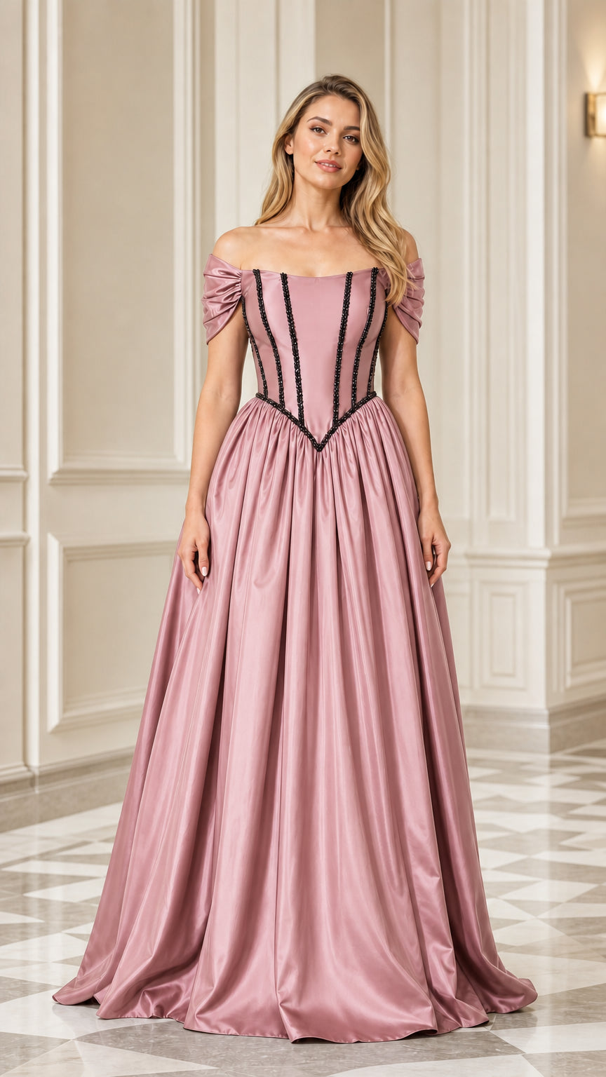 Dusty Rose off-the-shoulder satin corset formal dress