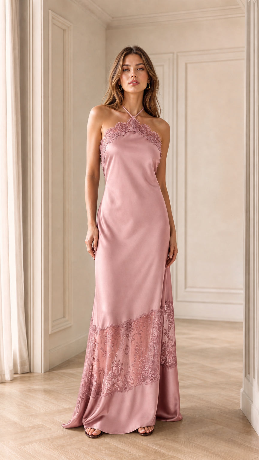 Dusty pink satin halter maxi dress with delicate lace details