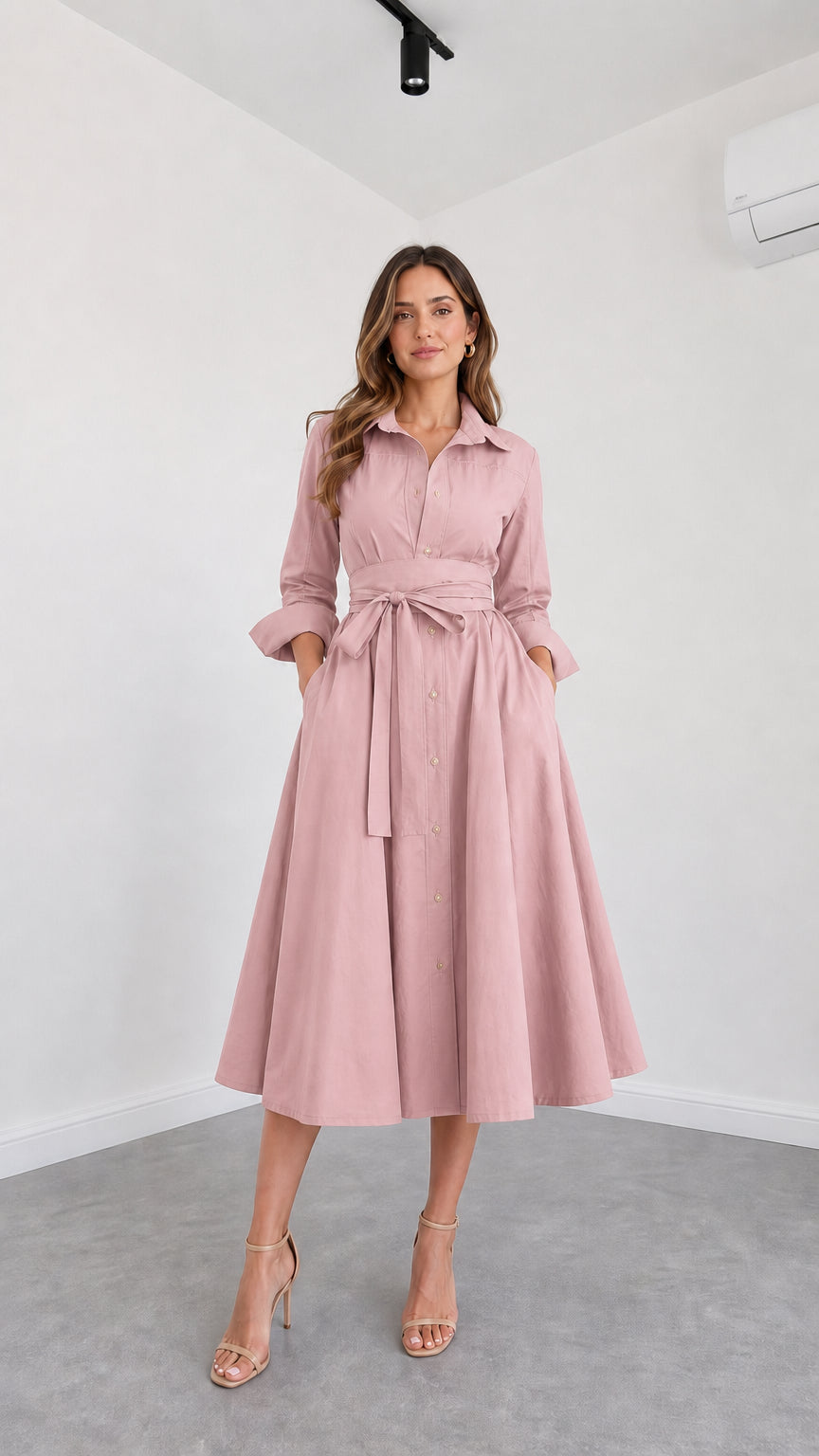 Front view of model wearing Dusty Pink button-down belted midi shirt dress