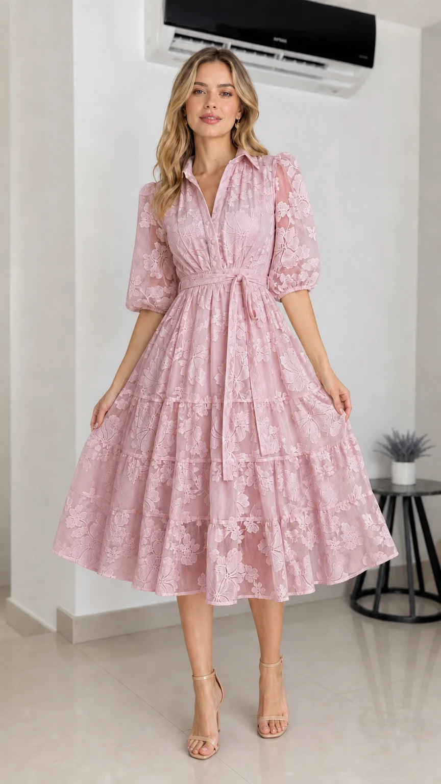 Front view of pink floral embroidered midi dress