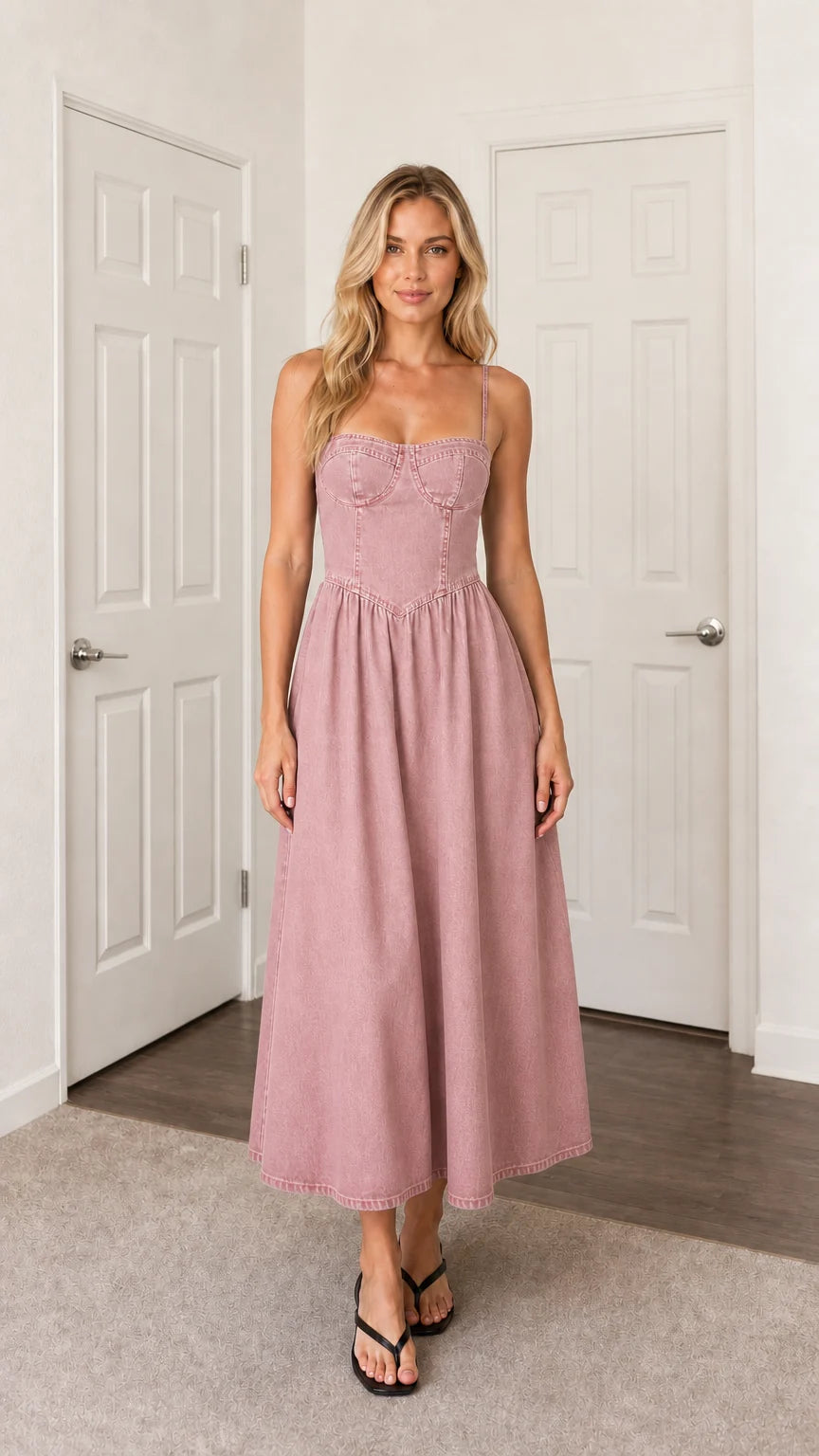 Front view of woman wearing pink denim midi dress