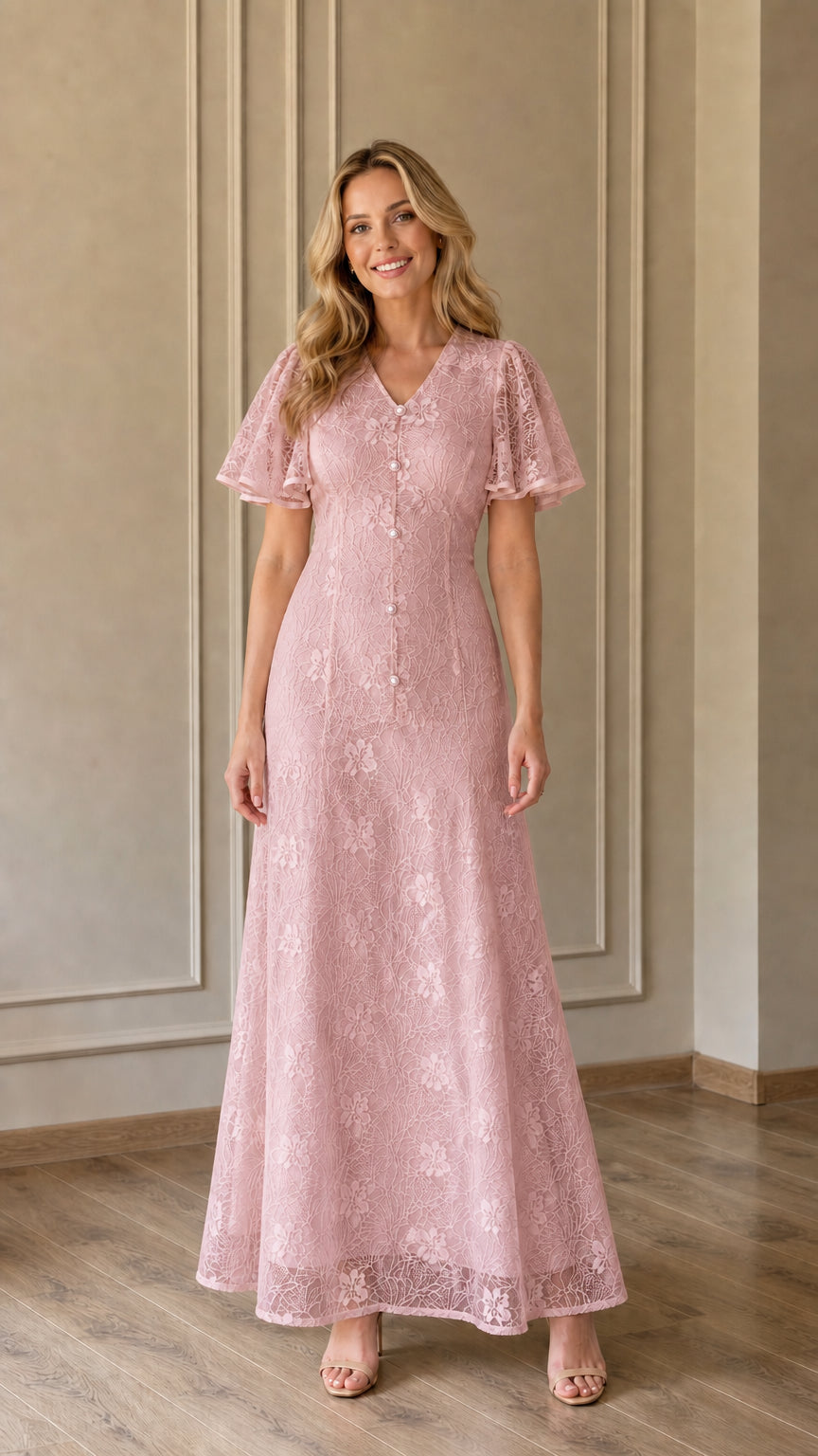 Front view of Pink lace maxi dress on model