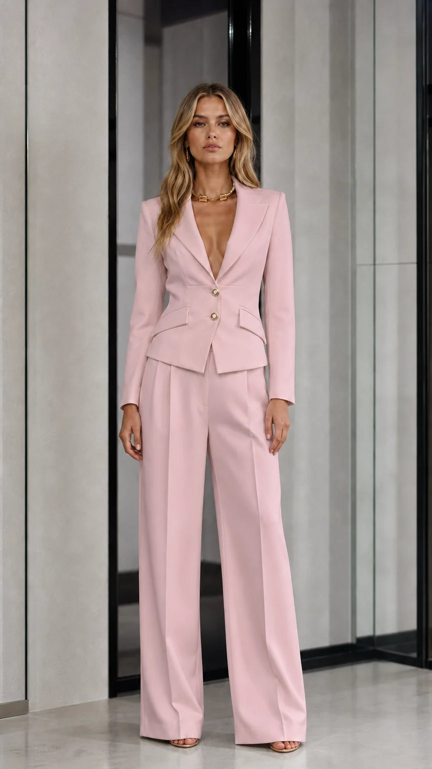 Front view of woman wearing soft pink tailored blazer and wide leg pants suit