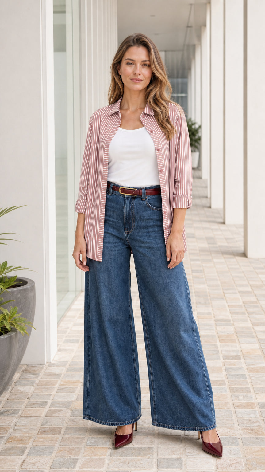 Woman wearing pink striped button down shirt