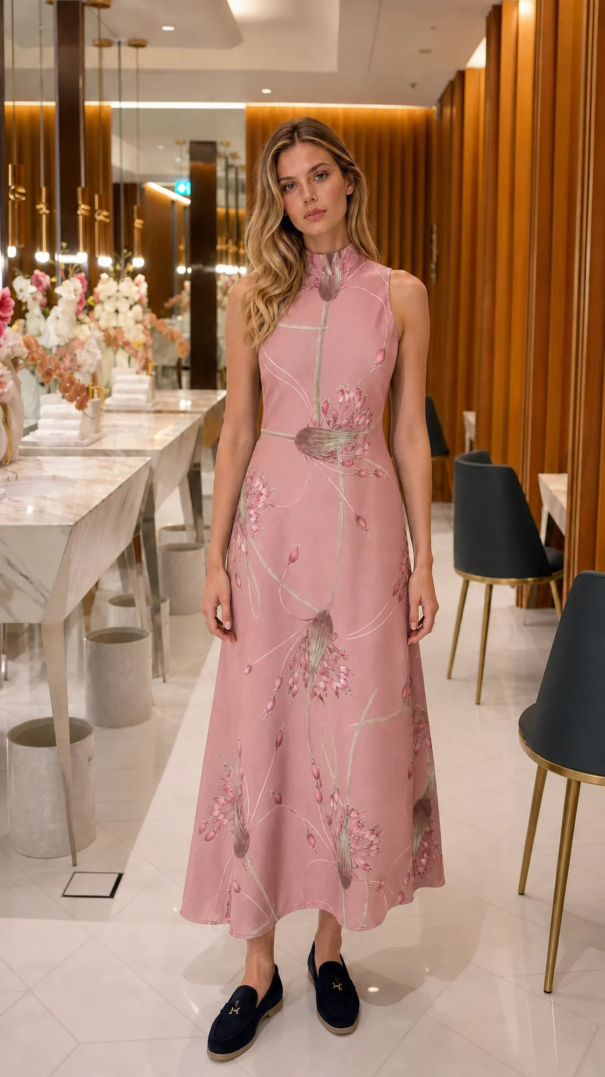 Model wearing pink floral print midi dress