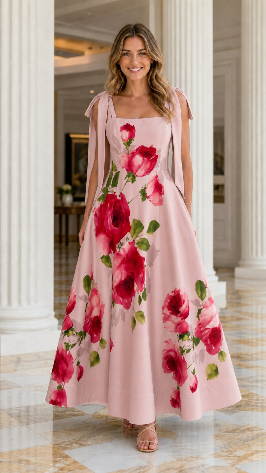 Model wearing pink floral print tie-strap maxi dress