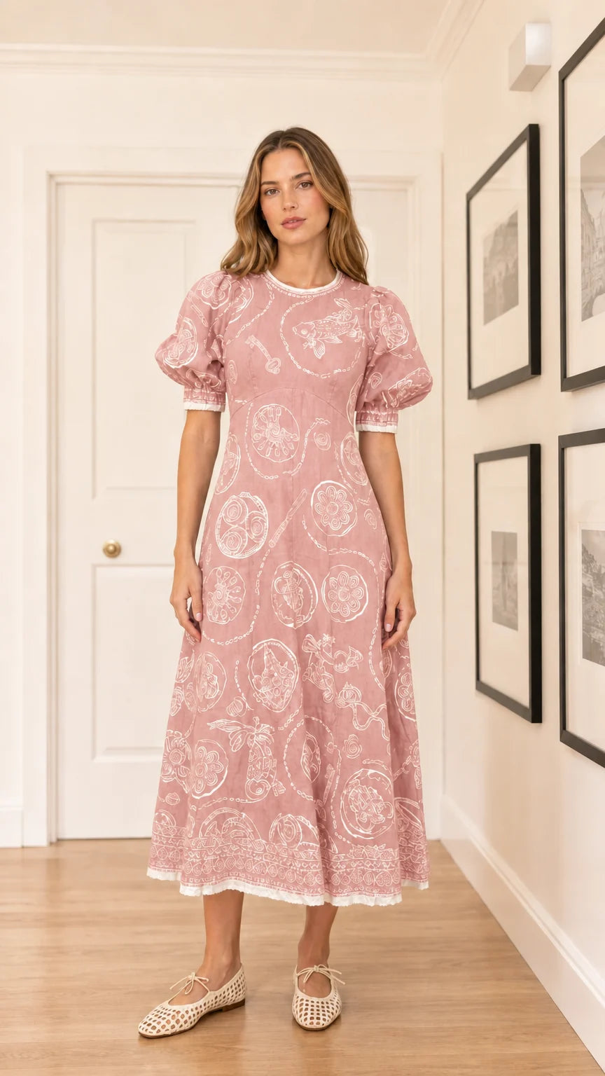Woman wearing pink embroidered puff sleeve midi dress