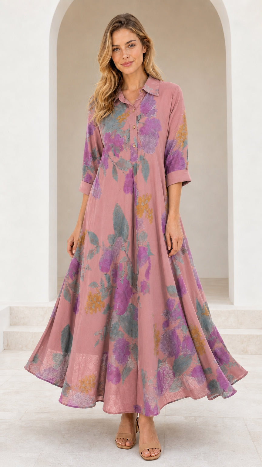 Front view of model wearing Dusty Rose floral collared maxi dress