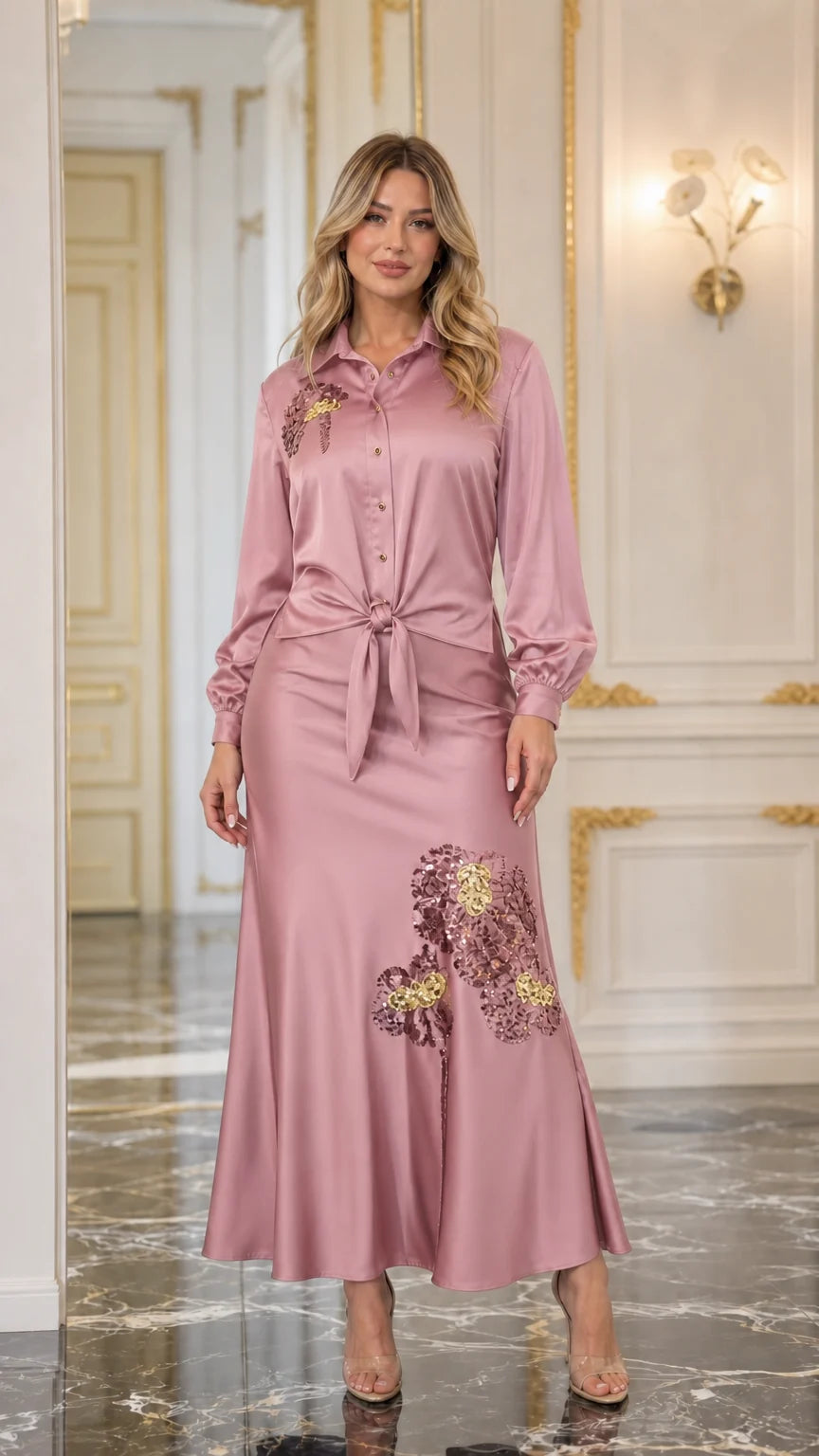 Front view of pink satin blouse and maxi skirt set