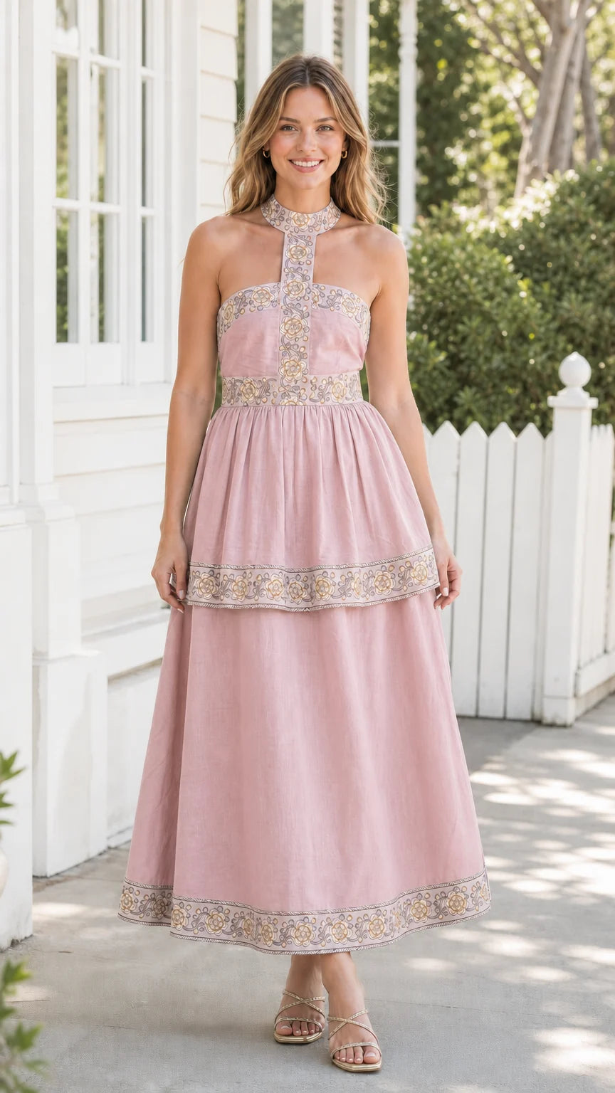 Model wearing pink embroidered halter midi dress