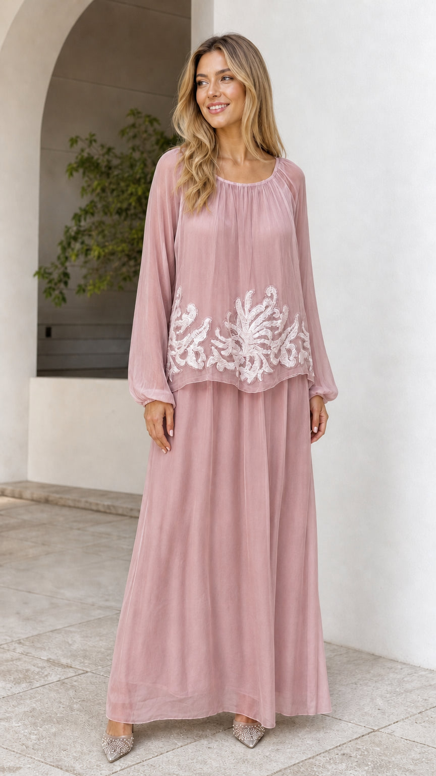 Dusty rose pink chiffon evening maxi dress with embroidery