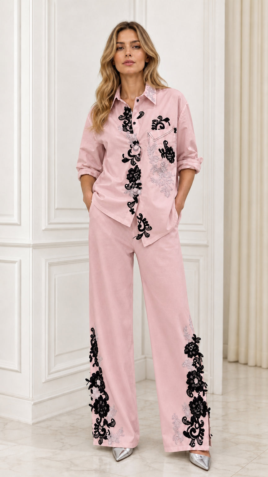 Full front view of pink embroidered matching set